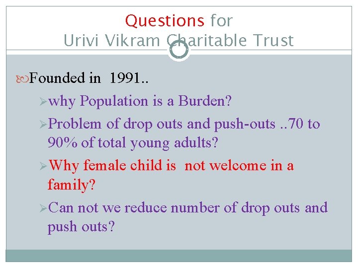 Questions for Urivi Vikram Charitable Trust Founded in 1991. . Øwhy Population is a