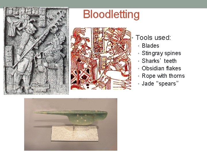 Bloodletting • Tools used: • Blades • Stingray spines • Sharks’ teeth • Obsidian