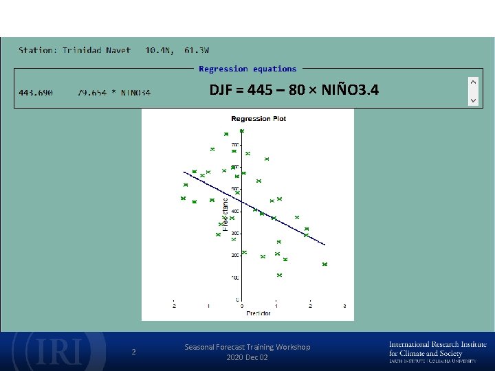 DJF = 445 – 80 × NIÑO 3. 4 2 Seasonal Forecast Training Workshop