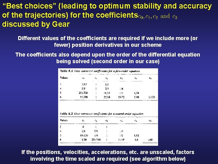 “Best choices” (leading to optimum stability and accuracy of the trajectories) for the coefficients