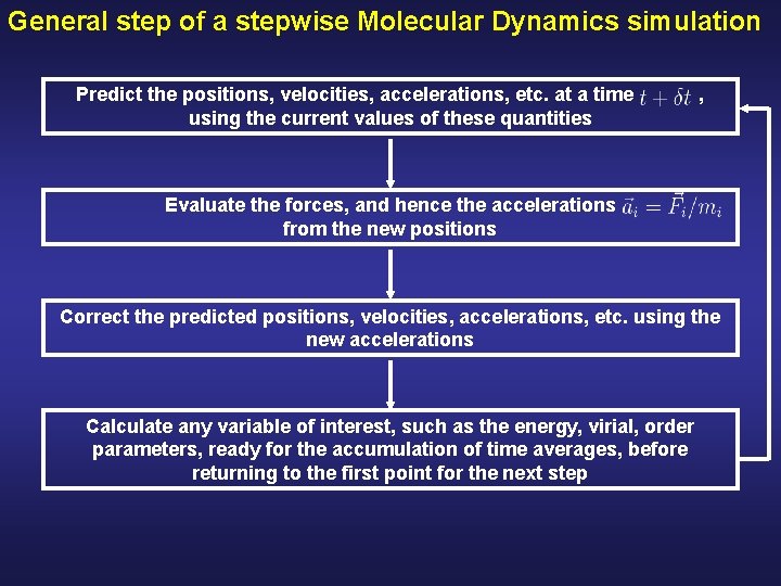 General step of a stepwise Molecular Dynamics simulation Predict the positions, velocities, accelerations, etc.