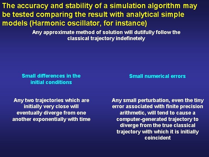 The accuracy and stability of a simulation algorithm may be tested comparing the result