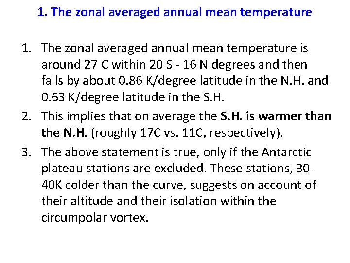 1. The zonal averaged annual mean temperature is around 27 C within 20 S