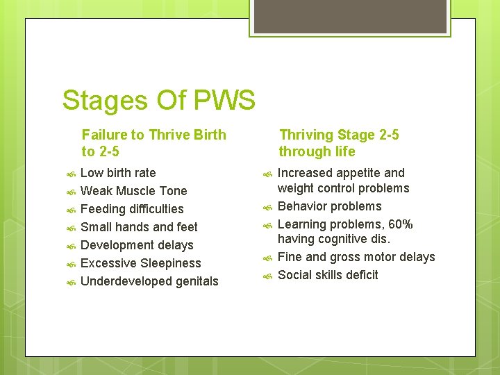 Stages Of PWS Failure to Thrive Birth to 2 -5 Low birth rate Weak Stages Of PWS Failure to Thrive Birth to 2 -5 Low birth rate Weak