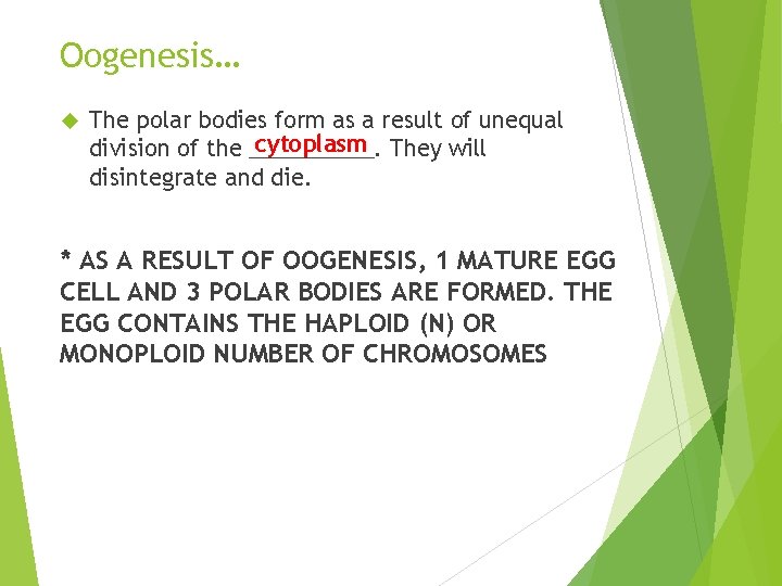 Oogenesis… The polar bodies form as a result of unequal cytoplasm They will division