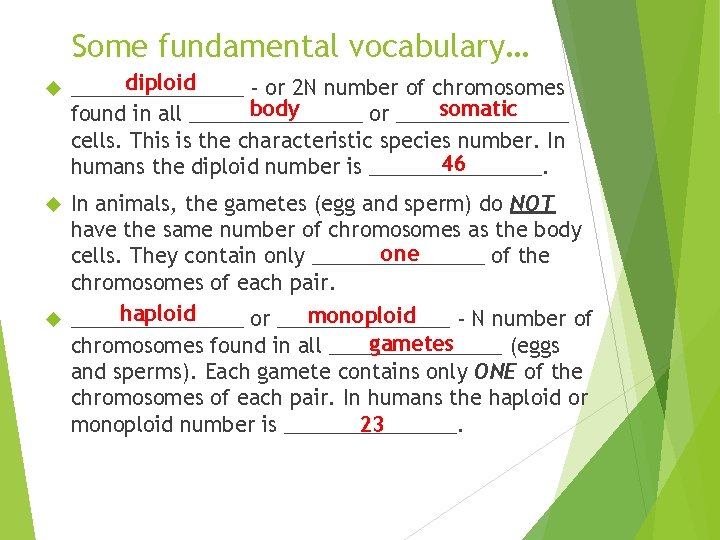 Some fundamental vocabulary… diploid ________ - or 2 N number of chromosomes body somatic