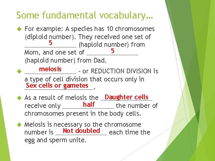 Some fundamental vocabulary… For example: A species has 10 chromosomes (diploid number). They received