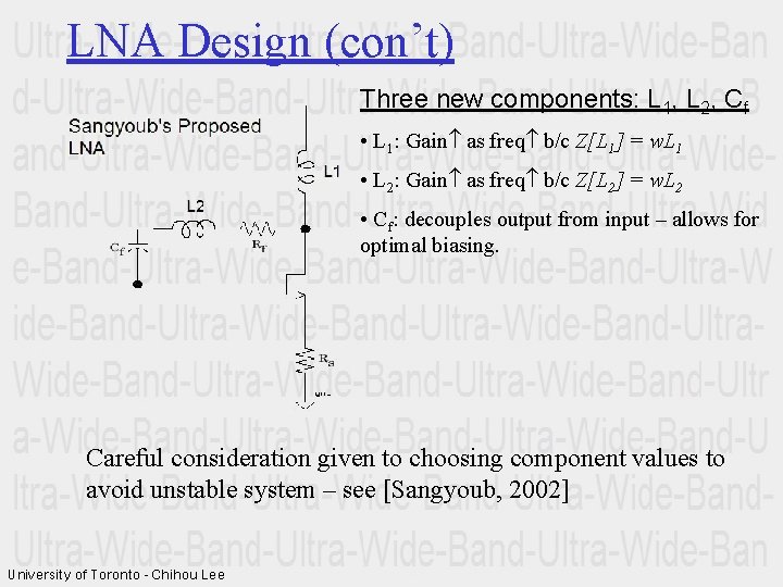 LNA Design (con’t) Three new components: L 1, L 2, Cf • L 1: