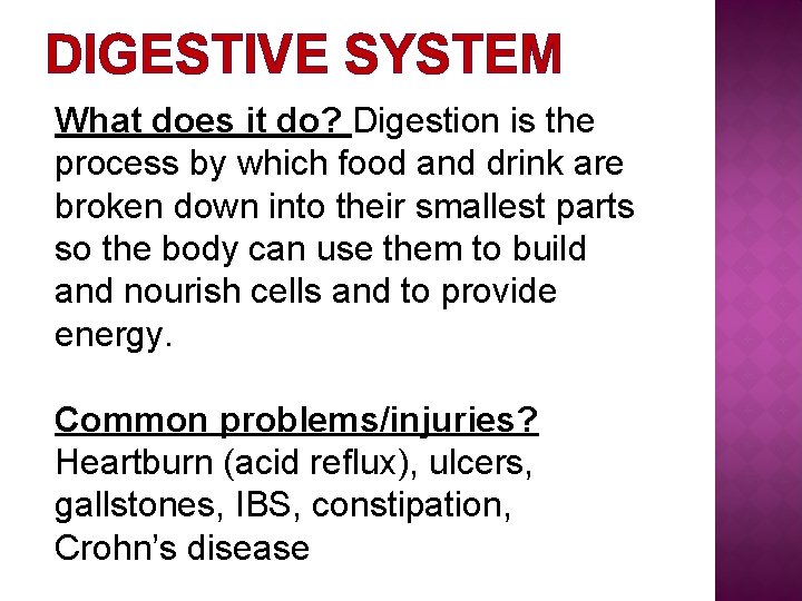 DIGESTIVE SYSTEM What does it do? Digestion is the process by which food and