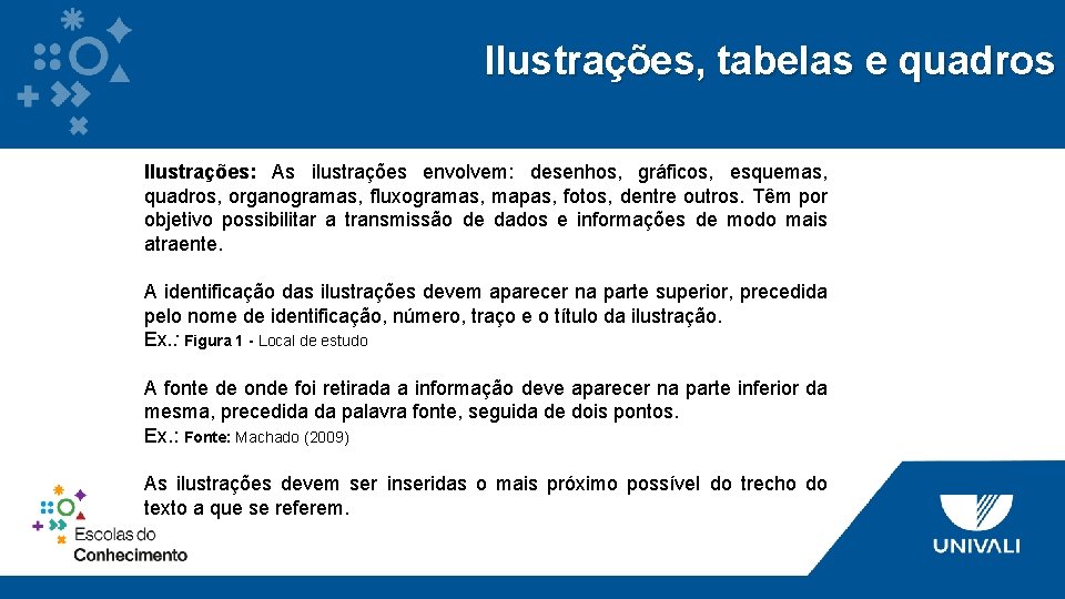 Ilustrações, tabelas e quadros Ilustrações: As ilustrações envolvem: desenhos, gráficos, esquemas, quadros, organogramas, fluxogramas,