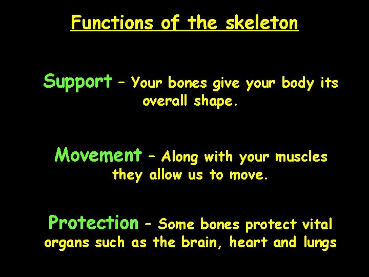 Functions of the skeleton Support – Your bones give your body its overall shape.