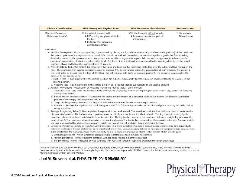 Joel M. Stevans et al. PHYS THER 2015; 95: 588 -599 © 2015 American