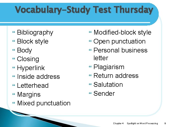 Vocabulary-Study Test Thursday Bibliography Block style Body Closing Hyperlink Inside address Letterhead Margins Mixed