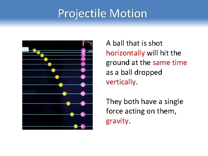 Projectile Motion A ball that is shot horizontally will hit the ground at the