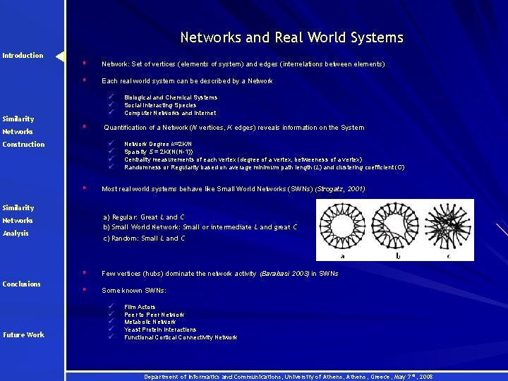 Networks and Real World Systems Introduction Similarity Networks § Network: Set of vertices (elements
