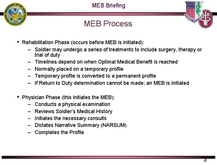 MEB Briefing MEB Process • Rehabilitation Phase (occurs before MEB is initiated): – Soldier MEB Briefing MEB Process • Rehabilitation Phase (occurs before MEB is initiated): – Soldier