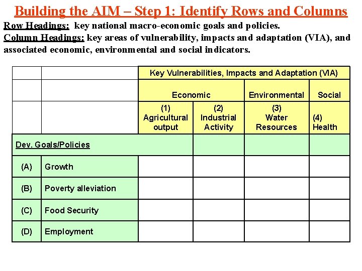 Building the AIM – Step 1: Identify Rows and Columns Row Headings: key national