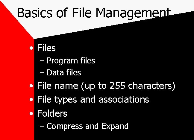 Basics of File Management • Files – Program files – Data files • File