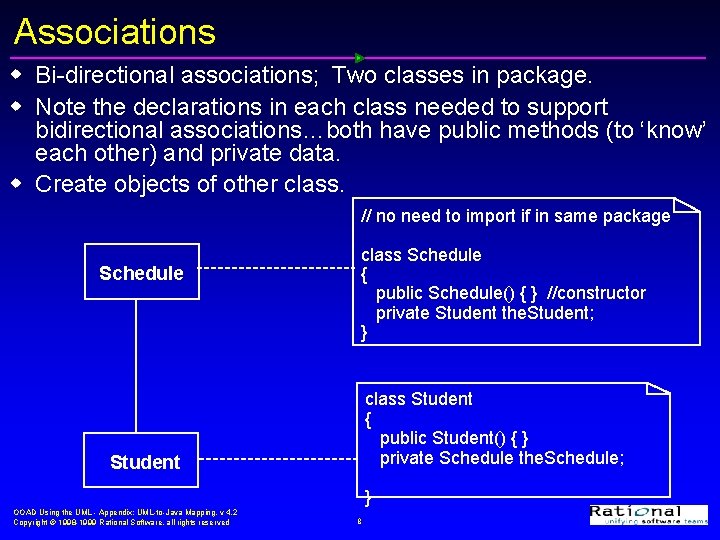 Associations w Bi-directional associations; Two classes in package. w Note the declarations in each Associations w Bi-directional associations; Two classes in package. w Note the declarations in each