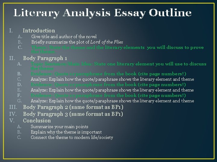 Literary Analysis Essay Outline I. Introduction A. B. C. II. Give title and author