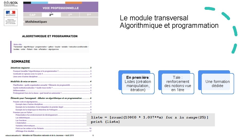 Le module transversal Algorithmique et programmation En première: Listes (création manipulation, itération) Tale :