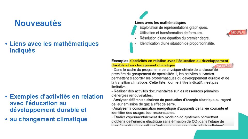 Nouveautés • Liens avec les mathématiques indiqués • Exemples d'activités en relation avec l'éducation