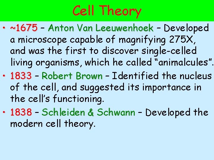 Cell Theory • ~1675 – Anton Van Leeuwenhoek – Developed a microscope capable of