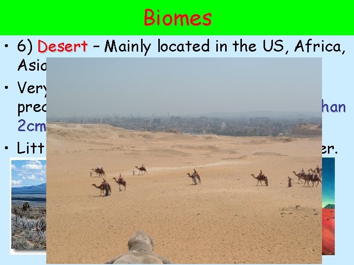 Biomes • 6) Desert – Mainly located in the US, Africa, Asia, and Australia.