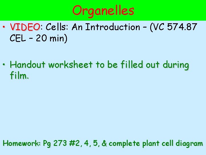 Organelles • VIDEO: VIDEO Cells: An Introduction – (VC 574. 87 CEL – 20