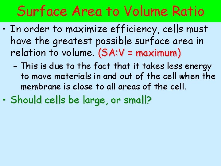 Surface Area to Volume Ratio • In order to maximize efficiency, cells must have