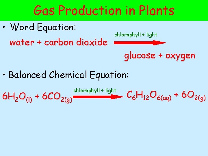 Gas Production in Plants • Word Equation: water + carbon dioxide chlorophyll + light