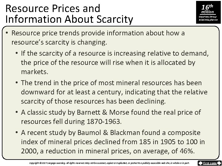 Resource Prices and Information About Scarcity 16 th edition Gwartney-Stroup Sobel-Macpherson • Resource price