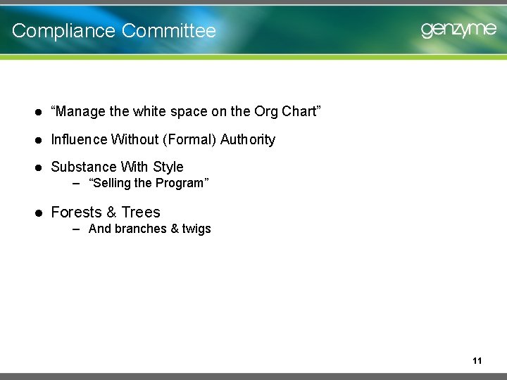 Compliance Committee l “Manage the white space on the Org Chart” l Influence Without