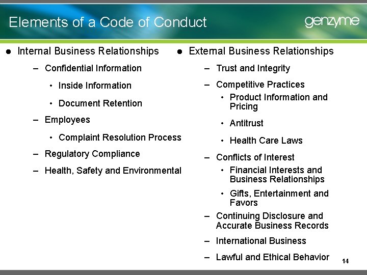 Elements of a Code of Conduct l Internal Business Relationships l – Confidential Information