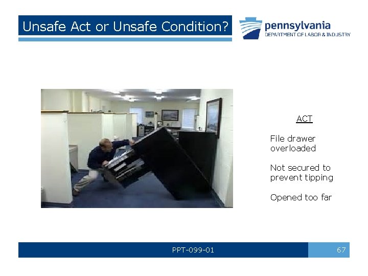 Unsafe Act or Unsafe Condition? ACT File drawer overloaded Not secured to prevent tipping