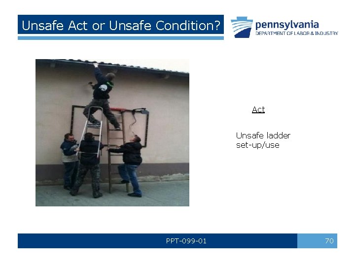 Unsafe Act or Unsafe Condition? Act Unsafe ladder set-up/use PPT-099 -01 70 