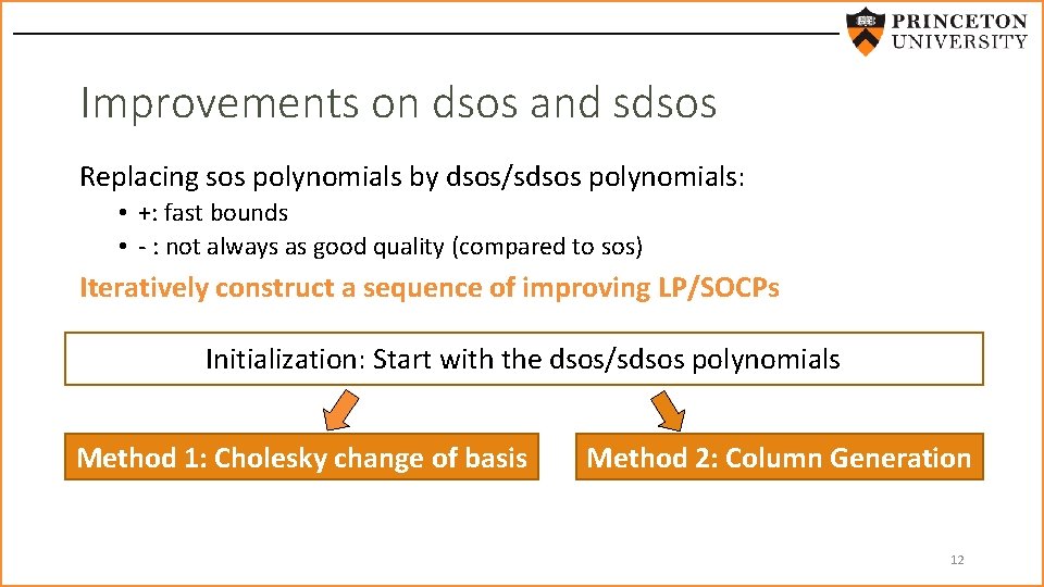 Improvements on dsos and sdsos Replacing sos polynomials by dsos/sdsos polynomials: • +: fast