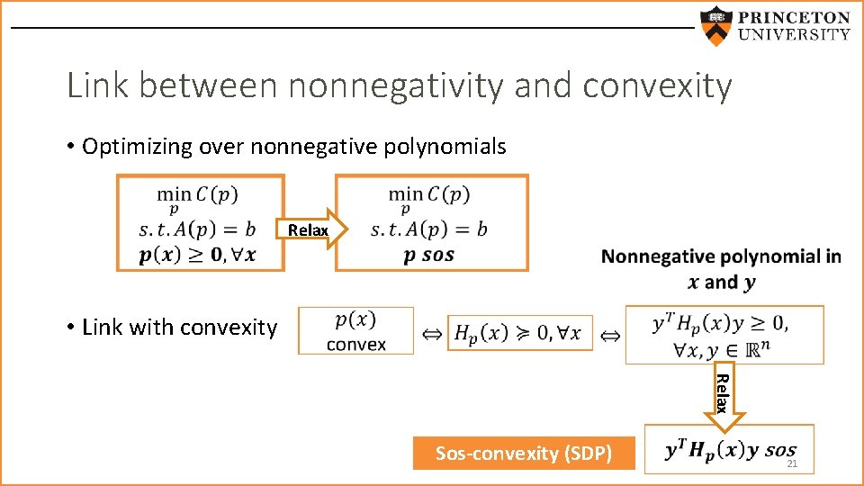 Link between nonnegativity and convexity • Optimizing over nonnegative polynomials Relax • Link with