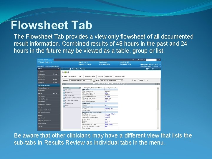 Flowsheet Tab The Flowsheet Tab provides a view only flowsheet of all documented result