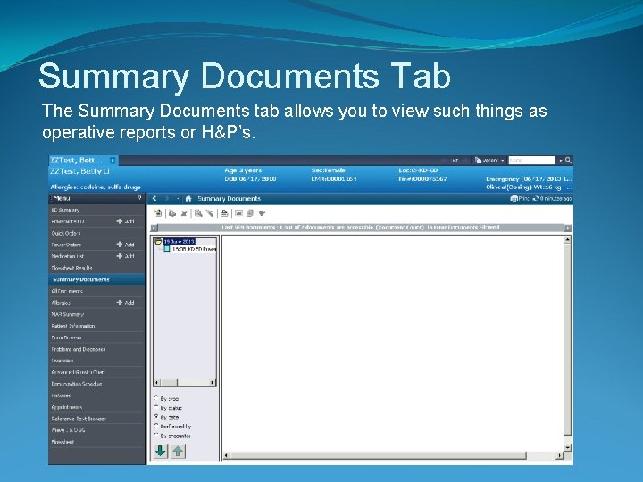 Summary Documents Tab The Summary Documents tab allows you to view such things as