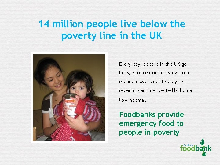 14 million people live below the poverty line in the UK Every day, people