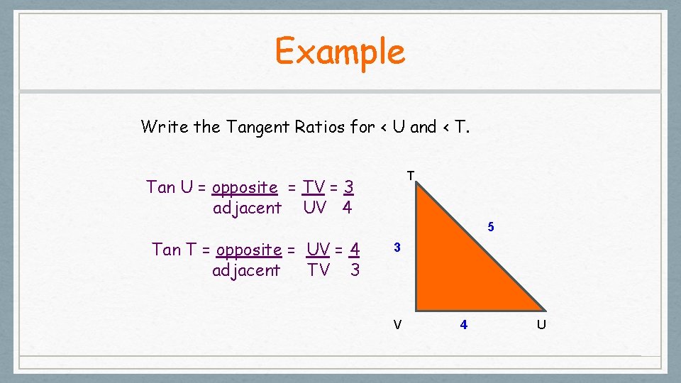 Example Write the Tangent Ratios for < U and < T. T Tan U