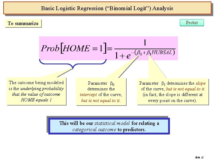 Basic Logistic Regression (“Binomial Logit”) Analysis Probit To summarize The outcome being modeled is