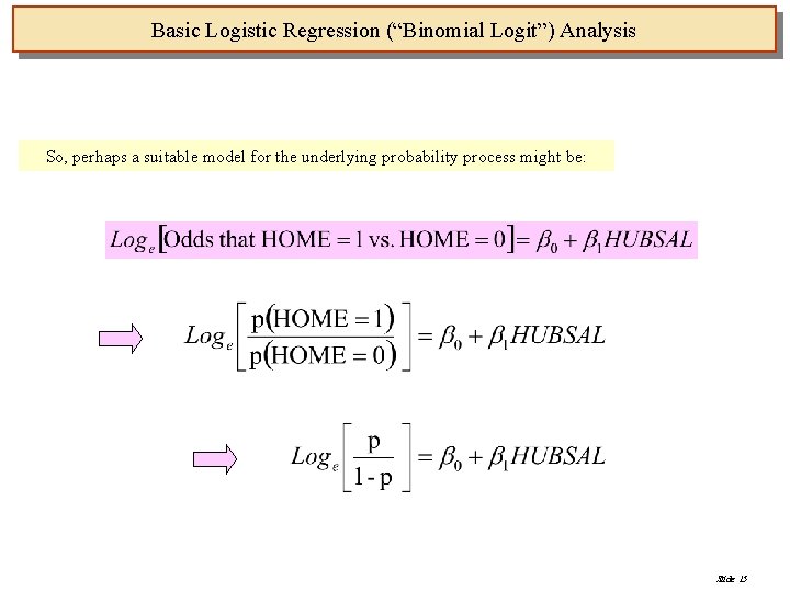 Basic Logistic Regression (“Binomial Logit”) Analysis So, perhaps a suitable model for the underlying