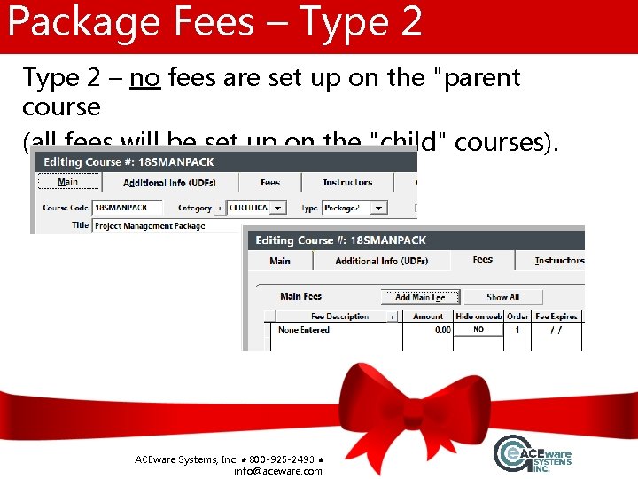 Package Fees – Type 2 – no fees are set up on the "parent