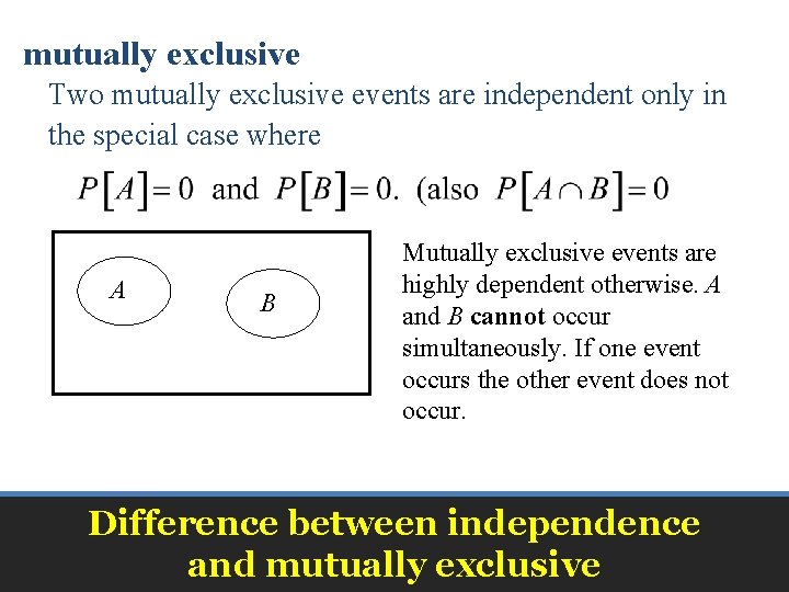 mutually exclusive Two mutually exclusive events are independent only in the special case where mutually exclusive Two mutually exclusive events are independent only in the special case where