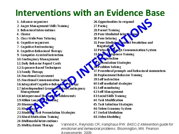 Interventions with an Evidence Base S N 1. Advance organizers 26. Opportunities to respond