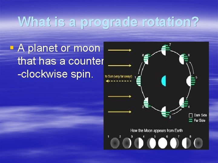 What is a prograde rotation? § A planet or moon that has a counter