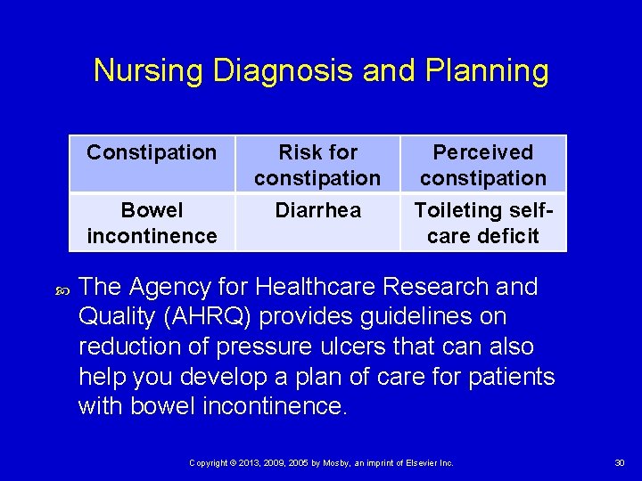 Nursing Diagnosis and Planning Constipation Risk for constipation Perceived constipation Bowel incontinence Diarrhea Toileting