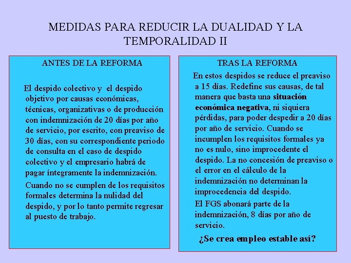 MEDIDAS PARA REDUCIR LA DUALIDAD Y LA TEMPORALIDAD II ANTES DE LA REFORMA El